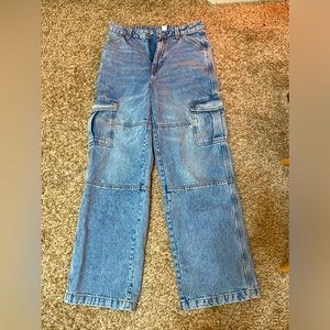 blue high rise baggy cargo jeans